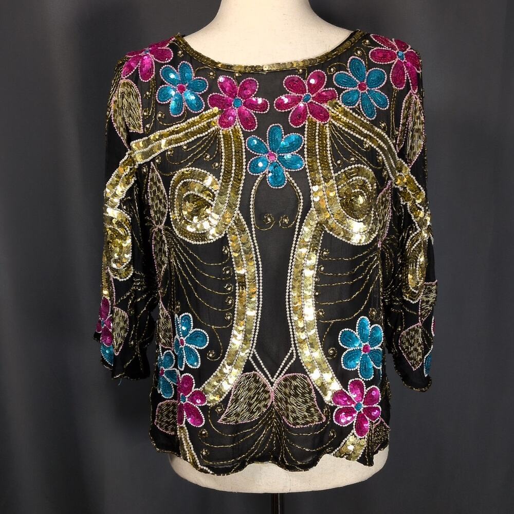 VTG 100% Silk Floral Sequin Beaded Sheer 3/4 Sleeve Top Black Chanson D'Amour